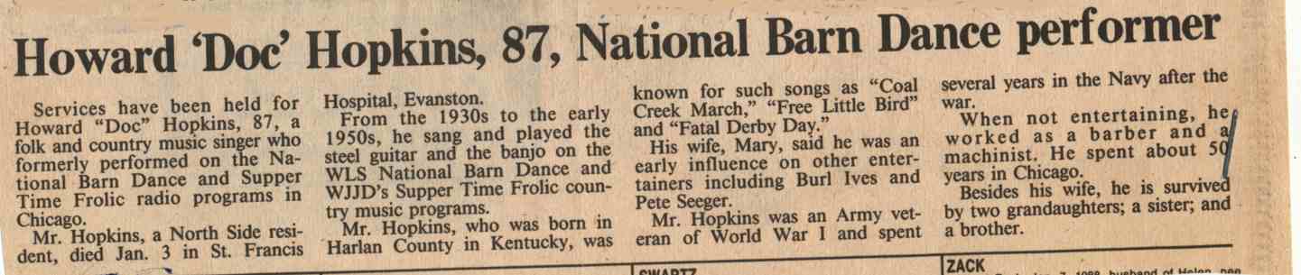 Doc Hopkins passed away January 3, 1988